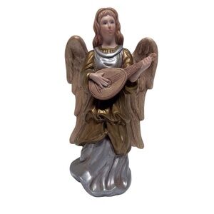 Beautiful Vintage Angel with Mandolin Figurine Christmas Holiday Gold/Silver EUC